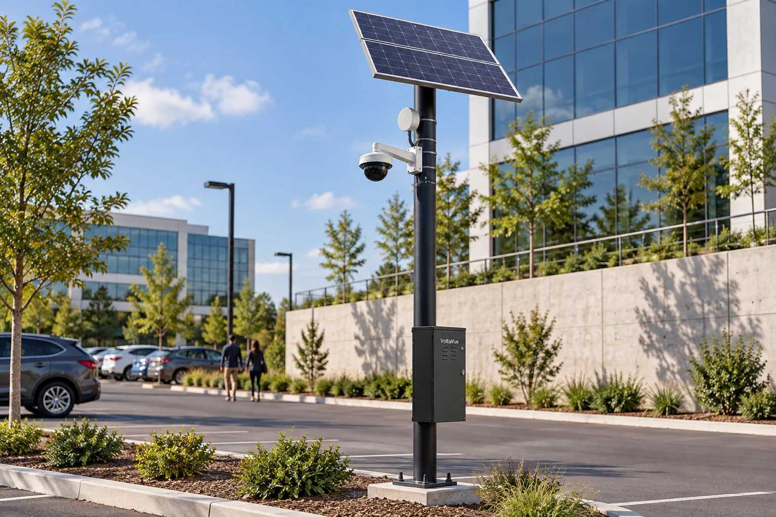 Concept dark solar camera pole with a separately mounted panoramic dome camera and lower equipment cabinet